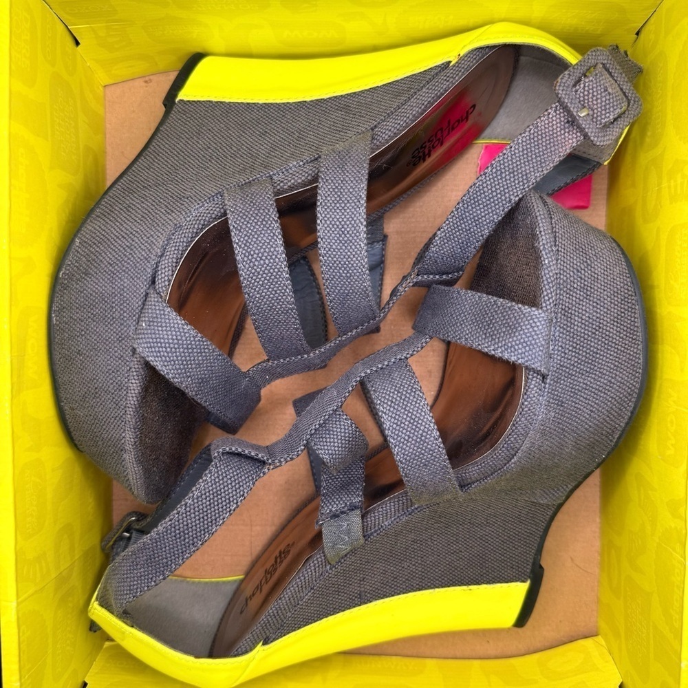 Charlotte Russe | FINDER Grey and Neon Yellow Platform Wedge Sandals - Picture 11 of 12